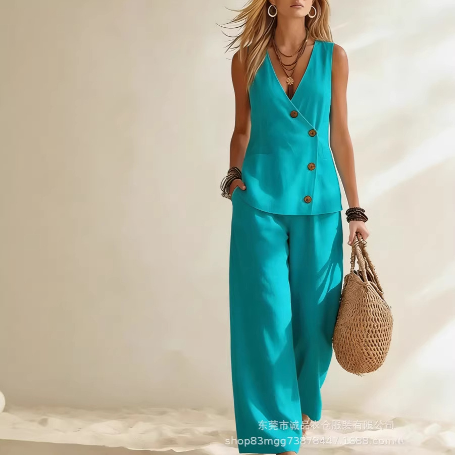 Summer Zara - بدلة نسائية صيفية أنيقة بياقة V