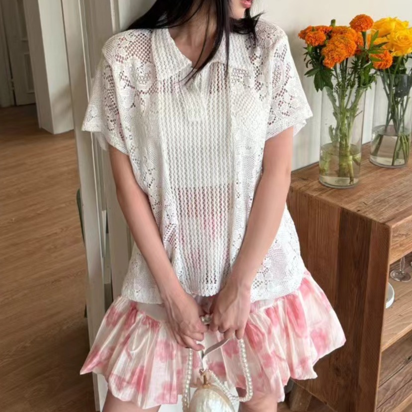 Summer Clothing Online - قميص نسائي بياقة دانتيل بتصميم عتيق،