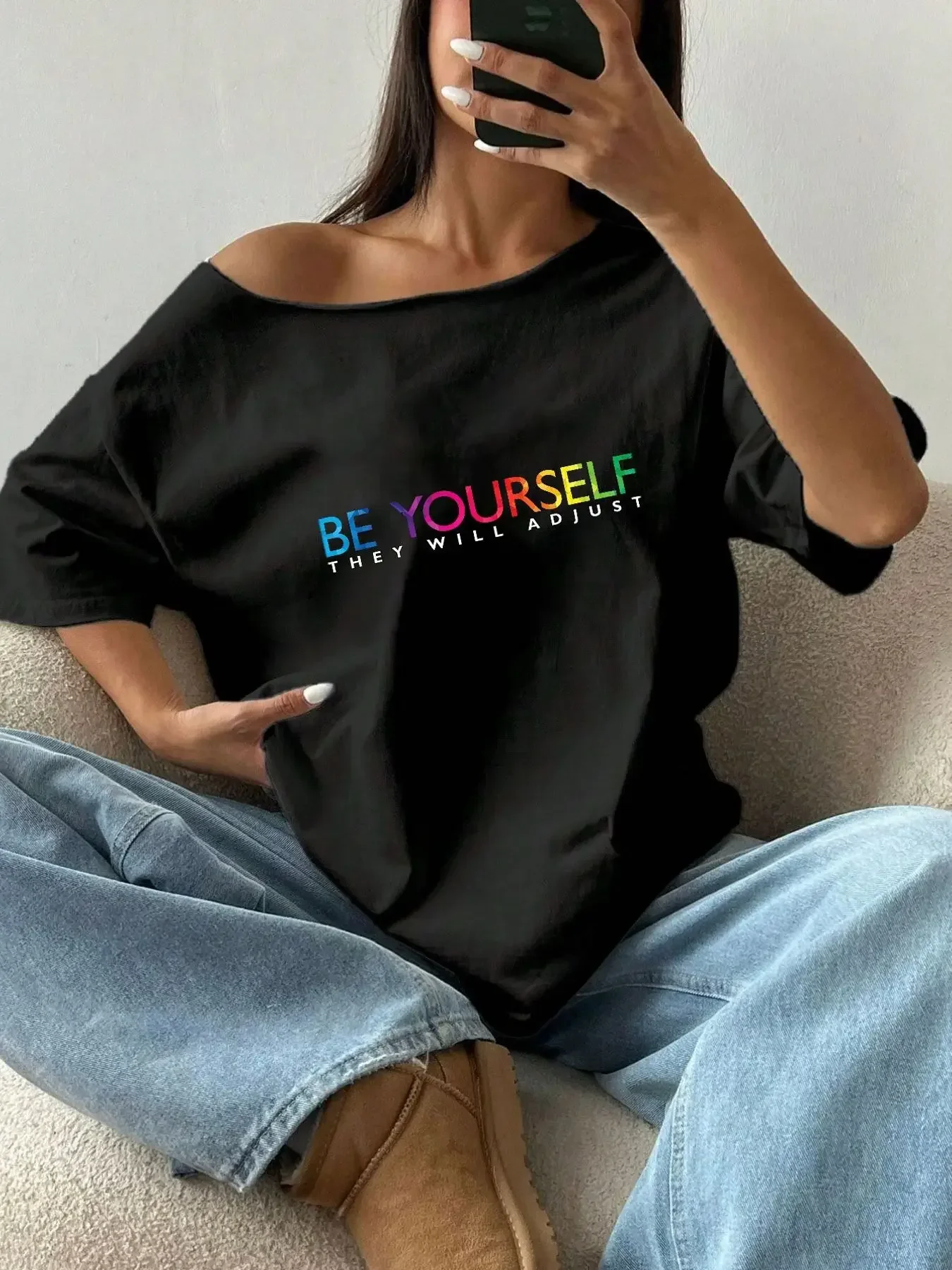 تي شيرت نسائي فضفاض بطباعة حرو - مراجعة Off Shoulder Blouse وسعره