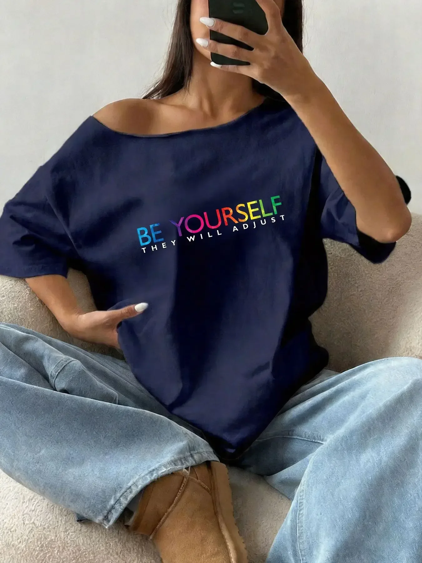 تي شيرت نسائي فضفاض بطباعة حرو - مراجعة Off Shoulder Blouse وسعره